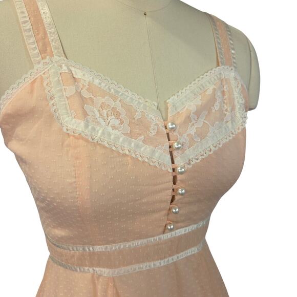 Gunne Sax Pink Maxi Dress Size S 9 Lace Prairie Swiss Dot Peach Vintage 70s - Picture 10 of 13